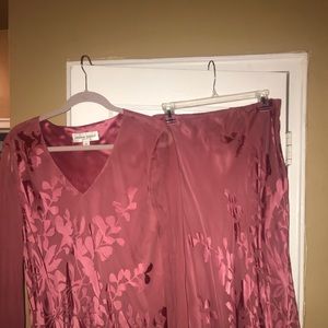 Coral color skirt and blouse - sheer sleeves